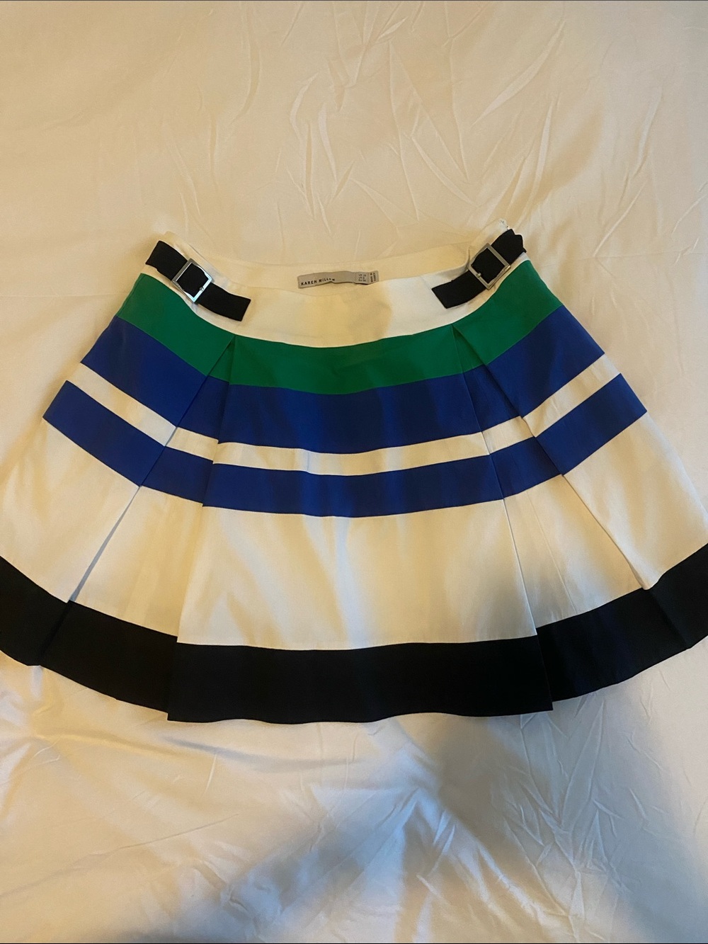 Karen Millen White A-Line Mini Skirt with Blue, Green & Black Bands